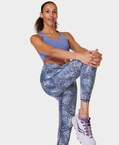 Multi-sport gym leggings designed for every workout. Super stretchy fabric with flattering seams to sculpt the bum. Sweat-wicking and quick-drying for all sports. Side pocket and back zip pocket. Internal adjustable drawcord. Inseam length: 60cm / 24”. Model wears size S and is 178cm/5'10" tall. Style Code: SB5400A 78Colour: Blue Speckle Print Sporty Activewear For Pilates With Contoured Waistband, Squat Proof Elastane Activewear For Yoga, Breathable Elastane Running Leggings, Athletic Fit Activewear For Yoga With Contoured Waistband, Breathable Elastane Leggings For Running, Yoga Activewear With Contoured Waistband And Athletic Fit, Athletic Fit Activewear With Contoured Waistband For Sports, Go-dry Elastane Sports Bra For Pilates, Athletic Fit Leggings For Yoga With Light Support