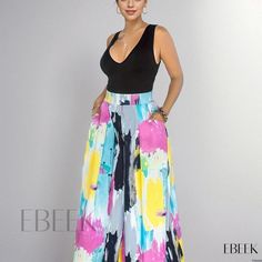 Ebeek - Womens Plus Size Casual Trousers: Colorblock Random Print Wide Leg Pants with Convenient Pockets High Waist Color Block Bottoms For Spring, Wide Leg Color Block Pants For Summer, Trendy Color Block Pants For Summer, Summer Color Block Wide Leg Pants, Summer Color Block Wide-leg Pants, Trendy Multicolor Color Block Pants, High Waist Multicolor Color Block Bottoms, Multicolor Contrast Color Bottoms For Summer, Chic Color Block Pants For Spring