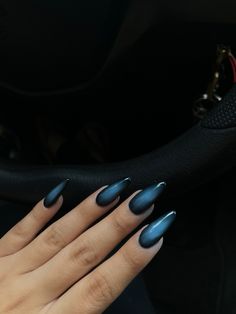 Blue And Black Almond Nails, Black Blue Aura Nails, Short Almond Aura Nails, Grunge Aura Nails, Blue Nails Aura, Black And Blue Aura Nails, Aura Nail Design, Aura Blue Nails, Siren Nails Aesthetic