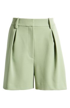 Crafted with a relaxed fit and polished pleats, these high-waist shorts are an easy way to elevate your work-to-weekend wardrobe. 4" inseam; 26" leg opening; 13 1/2" front rise; 15 1/2" back rise (size 8) 63% polyester, 32% rayon, 5% elastane Machine wash, line dry Imported Chic Workwear Shorts With Pleated Waist, Chic Pleated Shorts For Workwear, Modern Spring Workwear Shorts, Spring Shorts With Pleated Waist, Wide Leg Pleated Shorts For Workwear, Pleated Wide Leg Shorts For Work, Chic Green Relaxed Fit Shorts, Pleated Waist Shorts For Spring, Pleated High-waisted Shorts For Work