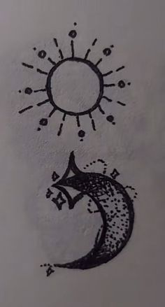 a drawing of a crescent moon with the sun above it