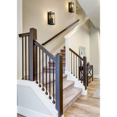 a stair case with two lights on each side