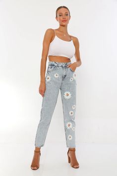 Women's High Waist Floral Custom Hand Painted Mom Jeans | Etsy Spring High Rise Mom Jeans, Trendy Cropped Jeans For Spring With Five Pockets, Trendy Spring Cropped Jeans, Medium Wash Mom Fit Jeans For Spring, Non-stretch Cotton Cropped Jeans For Summer, Non-stretch High Waist Light Blue Jeans, Non-stretch Denim Blue Jeans For Summer, Spring High Waist Cargo Jeans, Non-stretch Light Blue Denim Pants