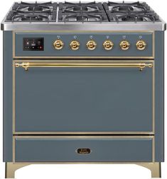 an oven with two burners and gold trimmings on the front, in grey