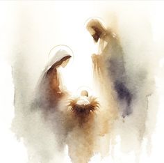 watercolor painting of two people with a baby jesus in the manger, on white background