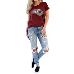 Wine Red Lip Print Distressed Holes Tees Casual Relaxed Fit Ripped T-shirt, Trendy Burgundy Cotton Tops, Red Distressed Crew Neck Top, Casual Ripped Short Sleeve T-shirt, Casual Ripped Cotton Top, Casual Cotton Ripped Tops, Casual Red Distressed Tops, Burgundy Casual Short Sleeve Top, Casual Burgundy Short Sleeve Top