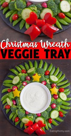 christmas wreath veggie tray with dip in the middle and broccoli on top