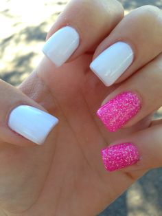 OMG!!!!! I LUVVV THESE NAILS im going to go get my nails done like this!!! right now. Hot Pink And White Nails, Nail Art Blanc, Pink And White Nails, White Glitter Nails, Hot Pink Nails, Nail Art Designs Summer, White Nail Art, Pretty Nail Designs, Gel Nail Design