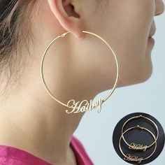 Big Hoop Cursive Earrings are bespoke crafted name personalized earrings for women. As you can see from our product images these earrings are inherited to a classy shimmer. The perfect custom made earrings to visualize your born attitude full of pride. You are an empowered woman who has the ability to change the world. It is time to fulfil your destiny. Give your inspirational wisdom to the world. This is jewelry like no other. The sale is on but for a limited time. The clock is ticking as we sp Custom Text Gold Jewelry For Birthday, Customized Earrings For Mother's Day, Customized Earrings For Personalized Gift, Customizable Gold Earrings For Birthday, Personalized Silver Dangle Hoop Earrings, Personalized Hoop Earrings For Birthdays, Personalized Dangle Hoop Earrings As Gift, Personalized Adjustable Hoop Jewelry, Personalized Dangle Hoop Earrings For Gifts