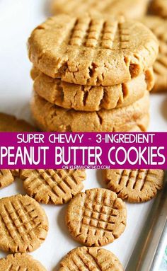 peanut butter cookies stacked on top of each other with the words super chewy 3 ingredient