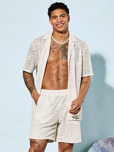 White Casual Collar   Plain,All Over Print  Embellished Slight Stretch  Men Clothing Beach Day Outfit Men, Summer Pool Party Outfit, All White Party Outfits, Tulum Outfits, Beach Outfit Men, White Party Outfit, Classy Lifestyle, Party Outfit Men, Pool Party Outfits