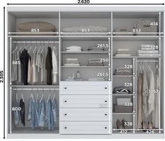 the measurements of an organized closet with clothes and shoes on shelves, drawers, and hanging rails