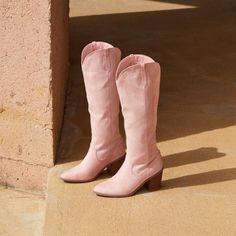 Renuu Rose Quartz Suede Pointed-Toe Knee-High Boots. New In Box Feminine Pink Boots For Spring, Chic Pink Almond Toe Boots, Casual Pink Suede Boots, Pink Almond Toe Boots Medium Width, Pink Suede Boots With Round Toe, Chic Pink Suede Boots, Casual Pink Almond Toe Boots, White Heeled Boots, Black And White Boots