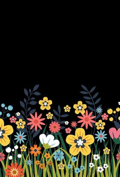 a black background with colorful flowers and grass