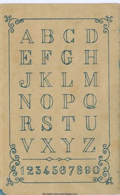 an old - fashioned alphabet is shown in blue ink on parchment paper, with the letter's upper and lower letters