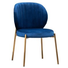 a blue velvet chair with gold legs and a round backrest, viewed from the front