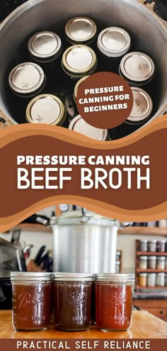 homemade beef bone broth being pressure canned in mason jars Canning Beef Bone Broth, Canning Beef Broth, Pressure Canning Beef, Canning Beef Stew, Canning Beef, Pressure Canning Meat, Pressure Canning Recipes