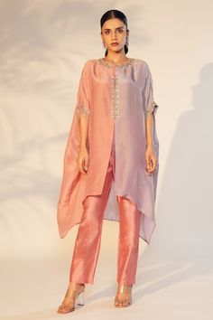 Peach and lavender tissue kaftan with beads and sequins hand embroidery. Comes with straight pant. - Aza Fashions Kaftan Pattern, Kaftan For Women, Long Kaftan, Red Chiffon, Draped Skirt, Boutique Dress Designs, Sharara Set, Indian Designer Wear, Pant Set