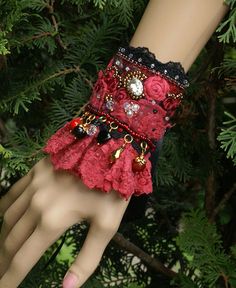 Fabric Cuff Bracelet, Red Shades, Rustic Cuff, Fabric Bracelets, Lace Bracelet, Lace Cuffs, Victorian Lace, Wrist Wrap, Fabric Cuff