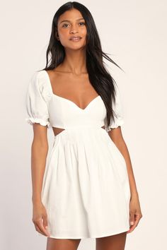 White Puff Sleeve Mini Dress - Lace-Up Dress - Backless Dress - Lulus Cutout Mini Dress, Summer Day Dresses, Short Sleeve Mini Dress, Mini Dress With Sleeves, White Mini Dress