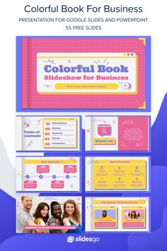 the colorful book for business presentation is displayed on a blue and pink background with an image of