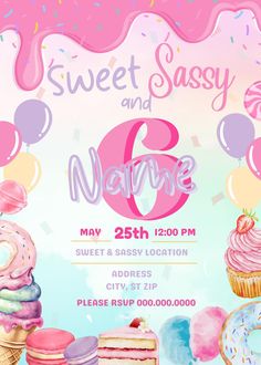 sweet sasy and nourish birthday party flyer with cupcakes, donuts, and sprinkles