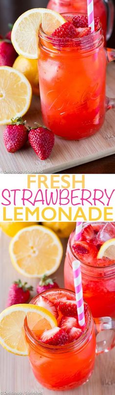 strawberry lemonade in mason jars with strawberries and lemons