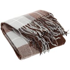 a brown and white plaid blanket with fringes