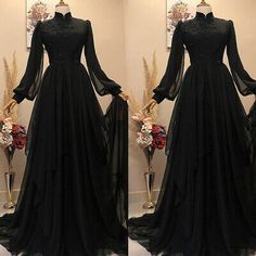 two pictures of a black dress with long sleeves and high neckline, on mannequins