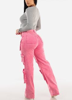 Pink Color Available in other colors. Belt loops. Denim. Straight. Zip up 1 button closure . Functional front pockets, 2 functional back pockets, functional leg pockets. Not see-through Material made from 97% Cotton, 3% Spandex Hand wash cold separately as color may bleed; Line Dry Rise approx 12''. Inseam is 33''. Leg opening is 16". High Waist. Imported Measured from and model wearing size Small SKU: 12068F_362918CFUCHSA Casual Pink Denim Cargo Jeans, Spring Cargo Jeans With Hip Pockets, Casual Pink Cotton Cargo Jeans, Fitted Cargo Jeans With Multiple Pockets For Fall, Casual Pink Cargo Jeans With Pockets, Pink Denim Bottoms With Cargo Pockets, Pink Denim Cargo Bottoms, Pink Utility Cargo Jeans With Side Pockets, Trendy High Rise Pink Cargo Jeans