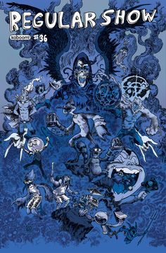 a poster for the regular show with an image of people surrounded by monsters and skulls