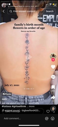 the back of a woman's neck with flowers in order of age on it