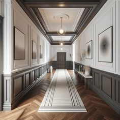 Create a highly detailed, realistic image of a modern colonial-style hallway. The hallway should include historical elements, such as dark wood wainscoting, wide plank floors, and classic, white, paneled walls. Additionally, modern touches should be present like minimalistic artworks, contemporary light fixtures, and a runner rug with a trendy design. This image is intended to serve as inspiration for a home remodel. Foyer Vestibule, Classic Corridor, Dramatic Hallway, Office Ceiling Design, Elegant Hallway, Hallway Design Ideas, Wall Molding Design, Japandi Interior Design, Grand Entryway