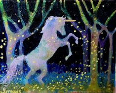 an acrylic painting of a white unicorn in the woods with trees and stars