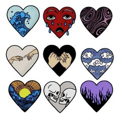 six heart stickers with different designs on them