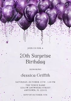 purple balloons and streamers are in the air on this birthday party card with confetti