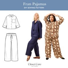 two women in pajamas and pants, one is wearing a shirt and the other has an open