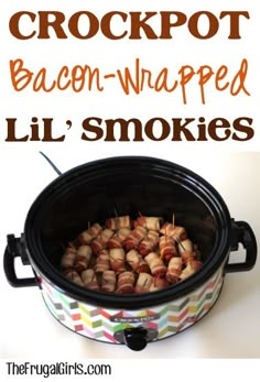 Crockpot Bacon-Wrapped Smokies Recipe! ~ from TheFrugalGirls.com ~ they're crazy good!! {the perfect holiday appetizer or party food!} #slowcooker #recipes #thefrugalgirls Lil Smokies Recipes, Wrapped Smokies, Smokies Recipe, Bacon Wrapped Smokies, Weiners, Crockpot Dishes, Crock Pot Slow Cooker, Crock Pot Cooking