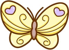 a yellow and purple butterfly with hearts on it's back wings is facing the viewer