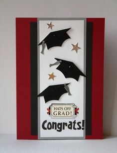 congratulations card with graduation caps and stars on the front in red, white and black