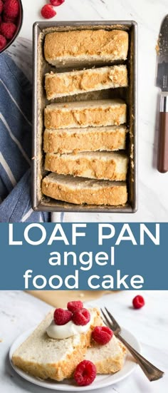 loaf pan angel food cake with raspberries in the background and text overlay that reads loaf pan angel food cake