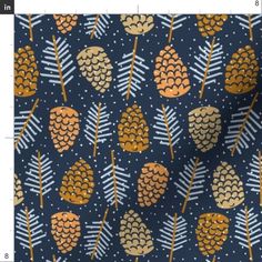 a blue background with gold pineapples and leaves on it, as well as dots