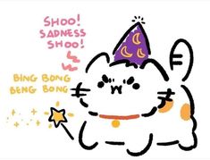 a drawing of a cat with a party hat and stars on it's head