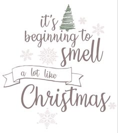 the words it's beginning to smell at christmas with snowflakes in the background