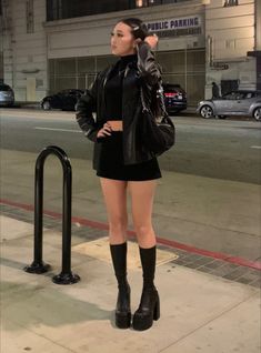 Edgy Knee High Boots Outfit, Euphoria New Years Outfit, Winter Outfits For Concerts Night, Concert Outfit All Black, Club Outfits Boots, Black Outfit For Concert, Megmurayama Outfits, Night Luxe Aesthetic Outfit, Black Gogo Boots Outfit