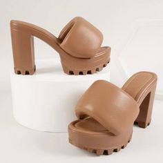 Peep Toe Platform Sandal Heels Tan/Brown Padded And Comfortable New With Originally Packaging. Never Worn Shein Shoes, Mule Heels, High Heel Mules, Heel Mules, Sandal Heels, Platform Sandals Heels, Slides Shoes, Platform Heels, Tan Brown