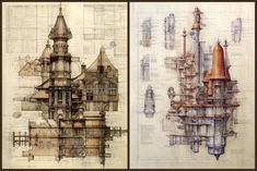 two pictures of architectural drawings with different shapes and sizes