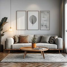 a living room filled with furniture and paintings on the wall next to a wooden coffee table