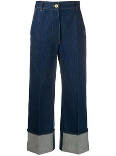 Rodeo blue organic-recycled cotton blend high-rise cuffed jeans from Jean Patou featuring a button and zip fly, belt loops, side pockets and a cropped length. Womens Cuffed Jeans, 50s Jeans, Bohemian Jewels, Moda Denim, Jean Patou, Denim Chic, Cuffed Jeans, Denim Trends, Work Life