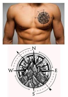 a man's chest with a compass tattoo on the left side and an image of mountains in the middle